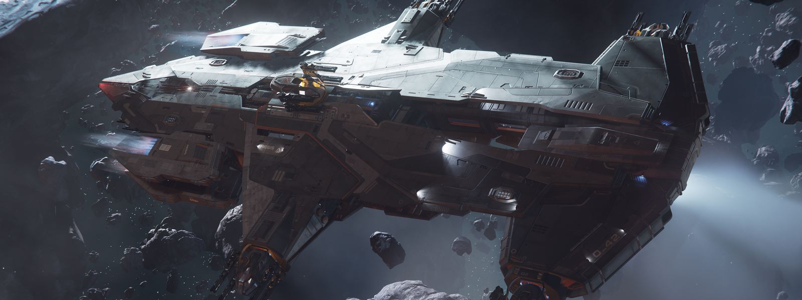 A large mining ship among asteroids