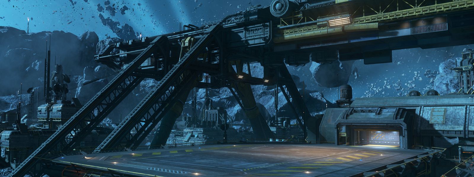 An industrial station built into an asteroid field